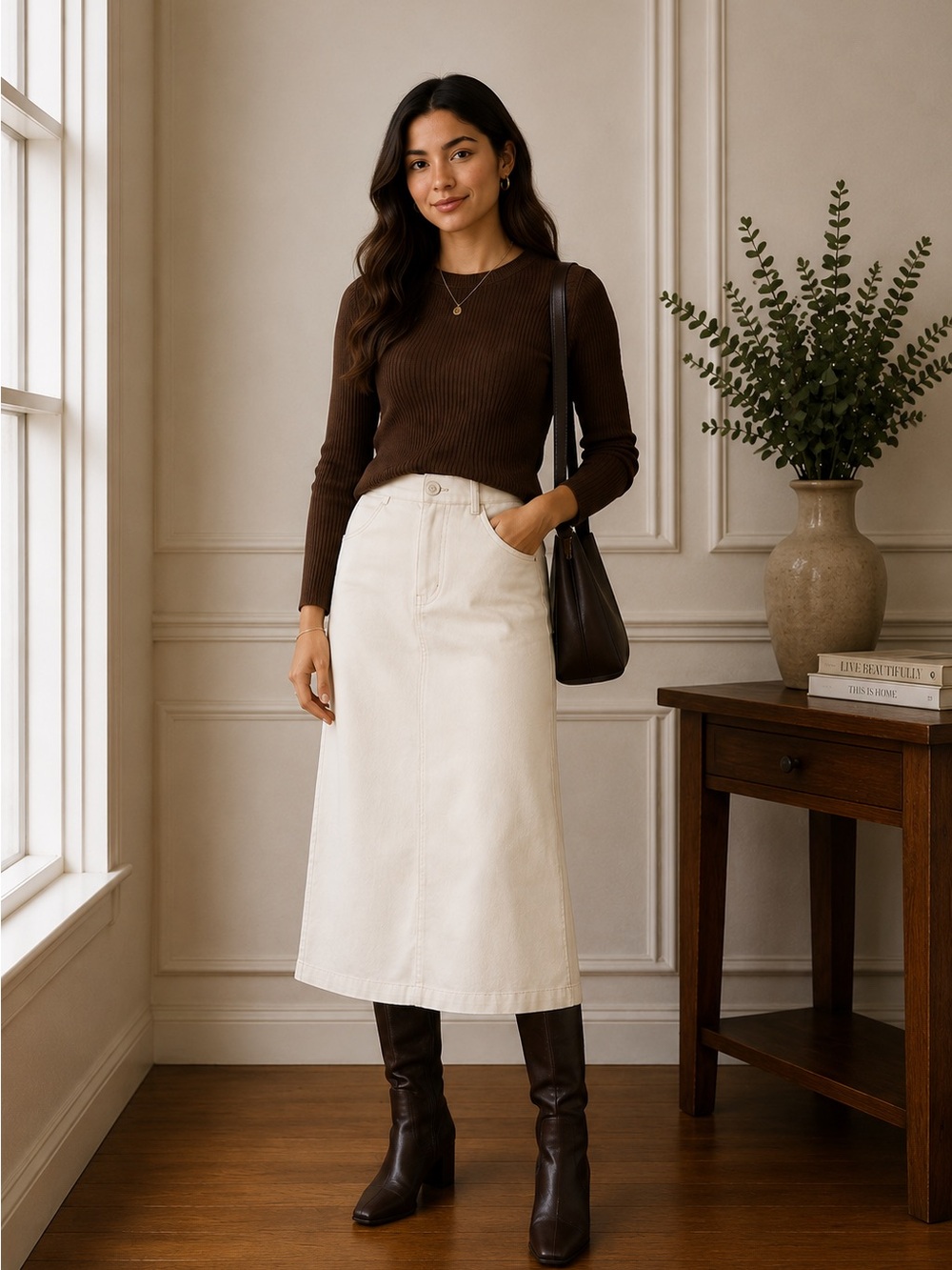 INSPR Ivory Cream Midi Skirt